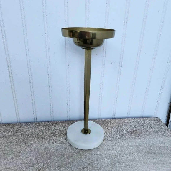 11" Brass Gold Candle Holder With Marble Base Single Decor Tabletop R12 - Picture 4 of 9